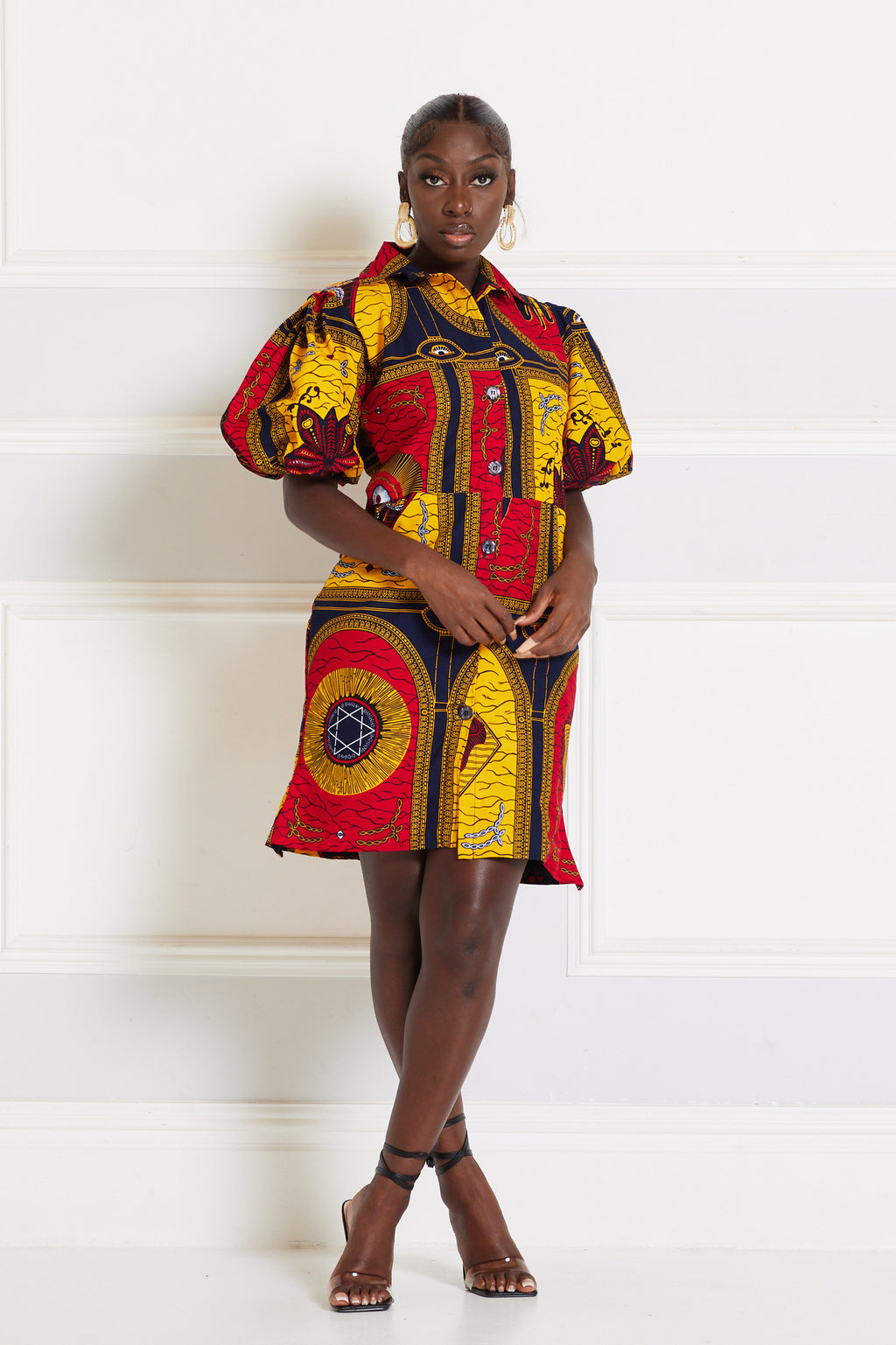 IFEKO AFRICAN PRINT PUFFY SLEEVE MINI SHIRT DRESS