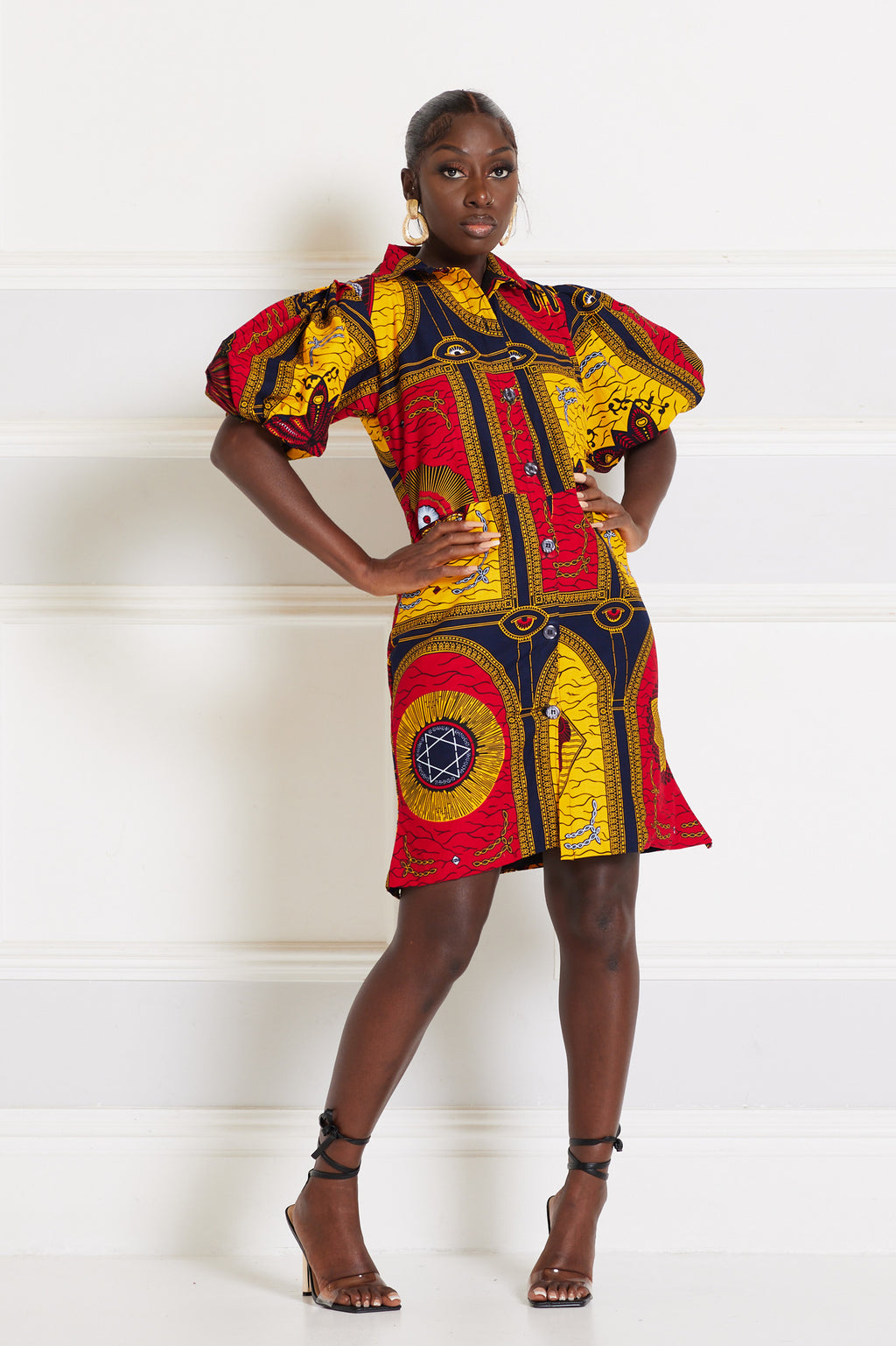 IFEKO AFRICAN PRINT PUFFY SLEEVE MINI SHIRT DRESS