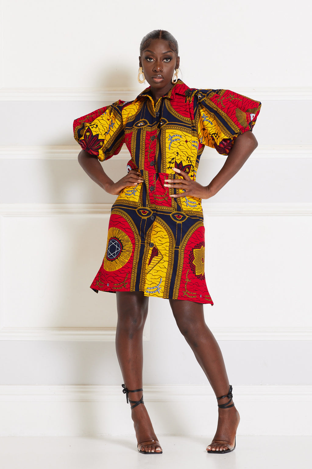 IFEKO AFRICAN PRINT PUFFY SLEEVE MINI SHIRT DRESS