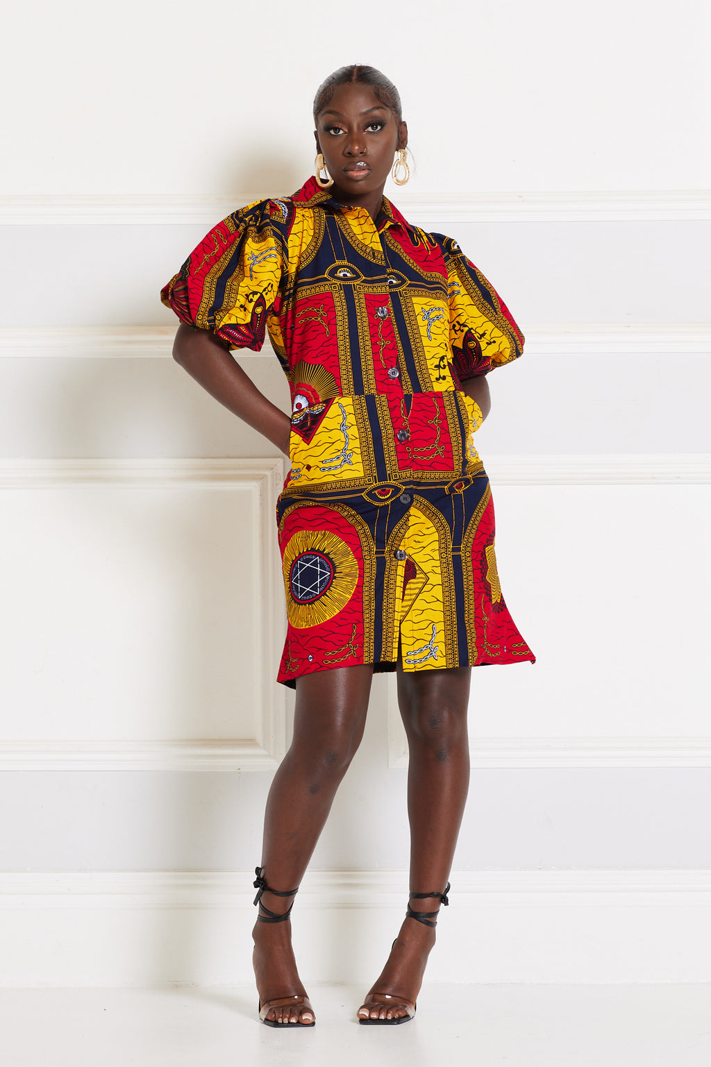 IFEKO AFRICAN PRINT PUFFY SLEEVE MINI SHIRT DRESS