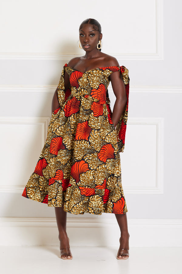 BIMISOLA AFRICAN PRINT OFF-SHOULDER MIDI DRESS-1