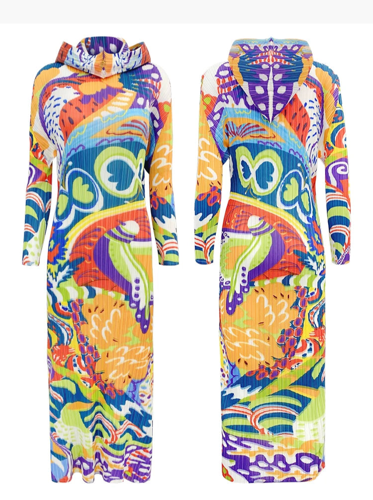 Hooded Pleated Print