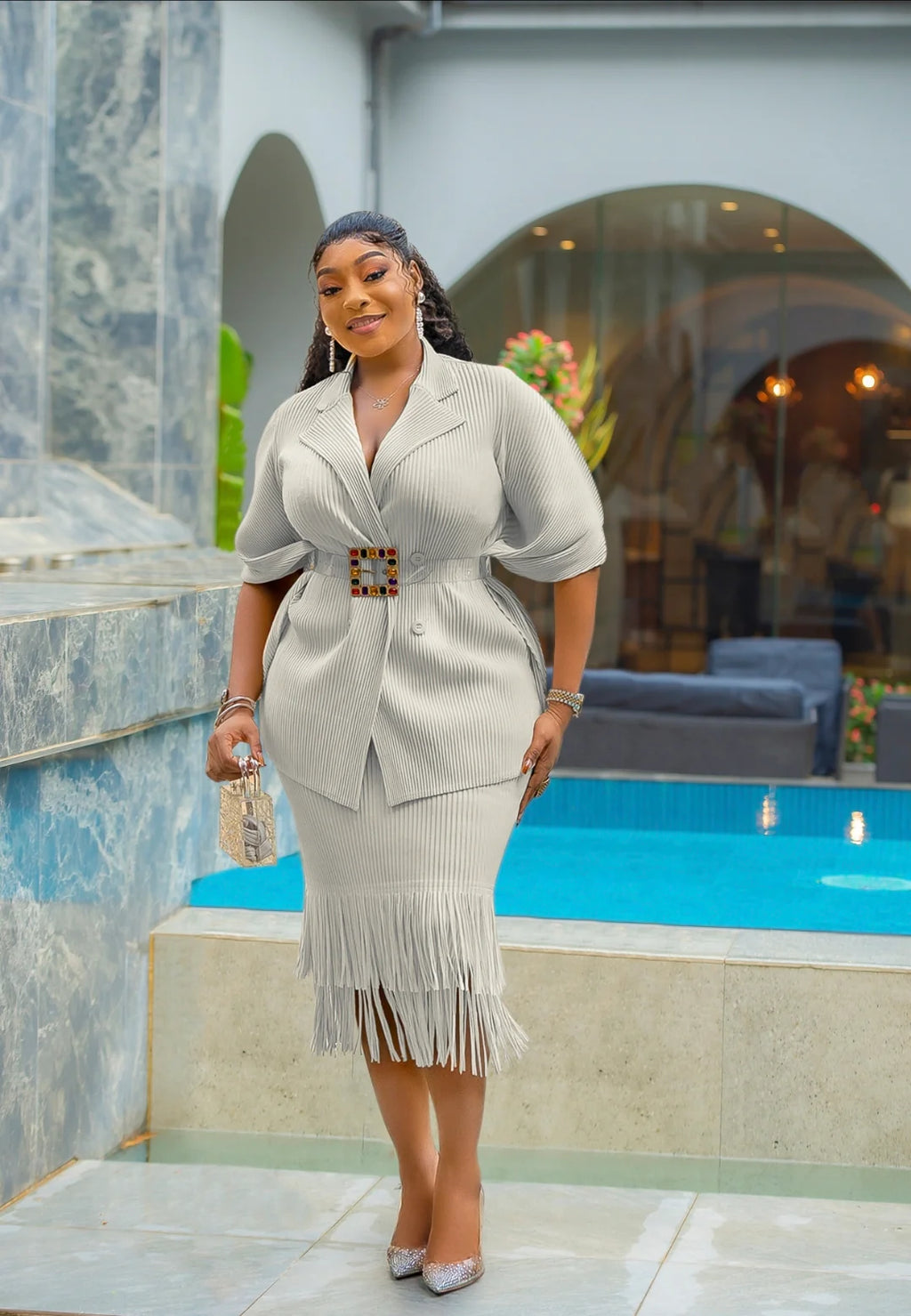 Pleated Fringed Hem Set